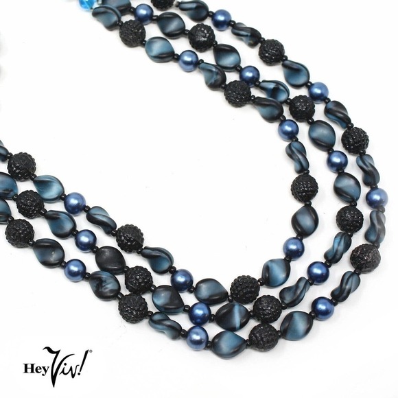 Vintage W German 3 Strand Bead Necklace Blue Black Texture Beads18" - Hey Viv - Picture 2 of 5